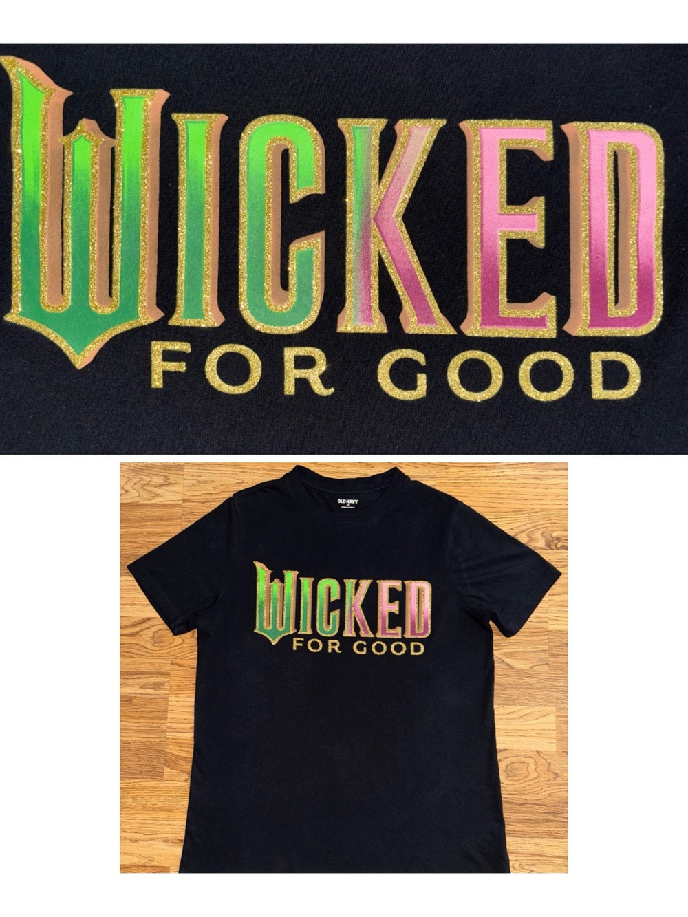 Old Navy Wicked For Good T Shirt Women’s Size XS Black Gold Glitter Ombré